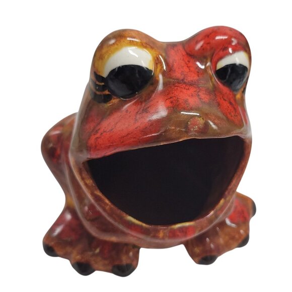 Vtg Ceramic Frog Sponge Holder Hand-painted 1970s Big Mouth Splatter Red Brown - Picture 7 of 15